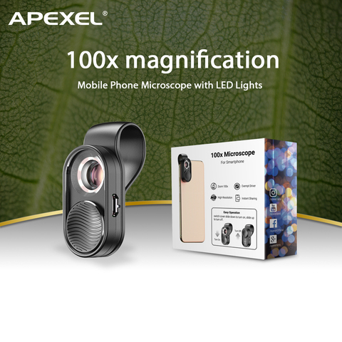 APEXEL 100X Mobile Phone Microscope Micro Lens LED Light Pocket Mini Magnifying Glass Microscopes With Universal Clip For phones ► Photo 1/6