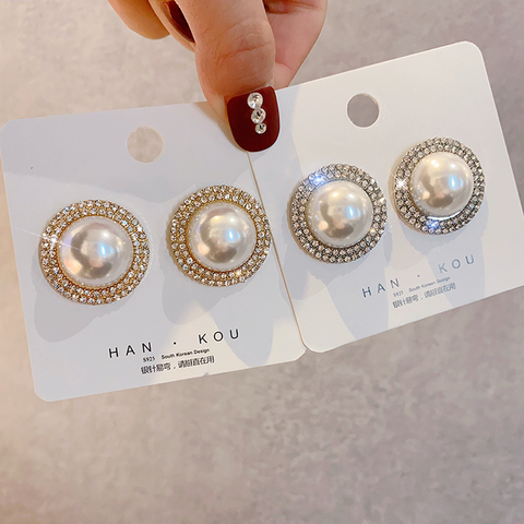 Gold&Silver Color Round Imitation Pearls Stud Earrings for Woman Luxury Crystal Earrings Female Beads Stud Earring ► Photo 1/6