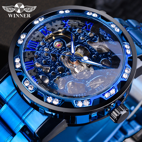Winner Transparent Diamond Mechanical Watch Blue Stainless Steel Skeleton Watch Top Brand Luxury Business Luminous Male Clock ► Photo 1/6