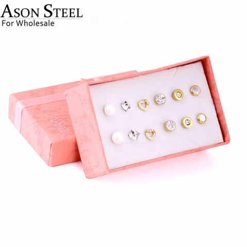 ASONSTEEL Zirconia Earrings Round Gold Color Women Titanium Steel 6pairs/box Earring Sets Wedding Earring Jewelry Bijoux ► Photo 1/4