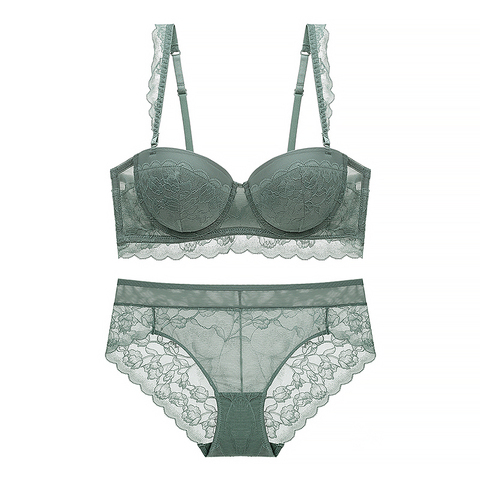 Sexy Linerie Set Balconette Strapless Bra Push Up Padded Cup Underwire  Ruffle Straps Lace Trim Sage Green Women's Underwear Set ► Photo 1/6