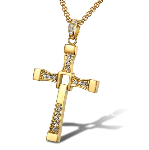 316L stainless steel Fast and Furious Movies Actor Dominic Toretto Rhinestone Cross Crystal Pendant Chain Necklace Men Jewelry ► Photo 1/5