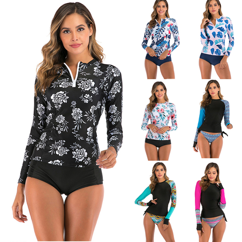 Long Sleeve Rash Guard Women Print Swimwear Zipper Two Piece Surf Suit Patchwork Swimsuit High Neck Diving Suit 2XL Bathing Suit ► Photo 1/6