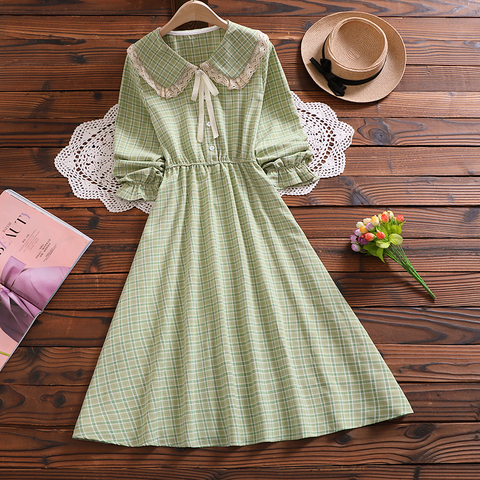 Mori girl elegant midi vestidos new autumn fashion peter pan collar long sleeve women plaid dress ► Photo 1/6