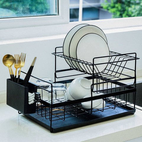 Dish Drying Rack with Drainboard Drainer Kitchen Light Duty Countertop Utensil Organizer Storage for Home Black White 2-Tier MJ ► Photo 1/5