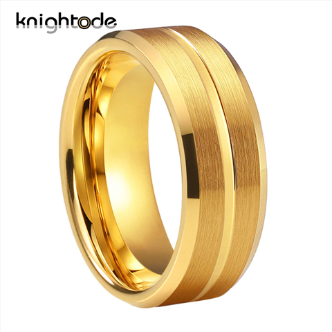 6/8mm Gold Tungsten Carbide Ring Wedding Band With Men Women Engagement Rings Center Grooved Beveled Brushed Finish Comfort Fit ► Photo 1/6