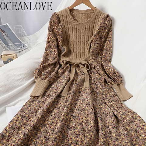 OCEANLOVE Corduroy Floral Women Dresses Vintage Knitted Patchwork Vestidos De  Mujer 2022 Sweet Korean Long Dress A-line 19079 ► Photo 1/5