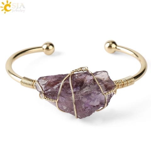 CSJA Natural Stone Bangle Gold-color Wire Wrap Irregular Crystal Quartz Cuff Copper Bracelets for Women Girls Kids Jewelry G327 ► Photo 1/6