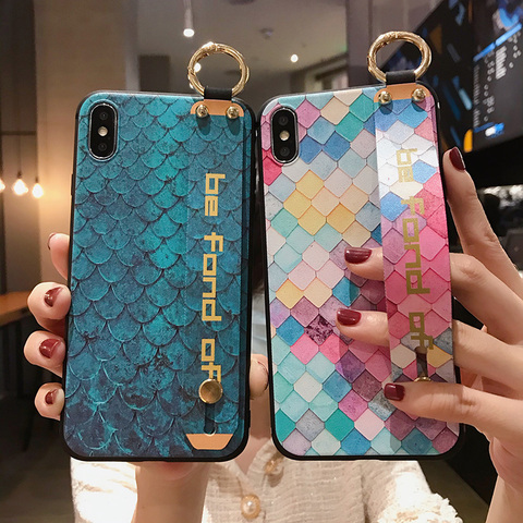 Fish scale Phone Holder Case For iPhone 12 mini 11 Pro X XS Max Case for iPhone 7 8 plus SE XR Soft TPU Wrist Strap Cover coque ► Photo 1/6