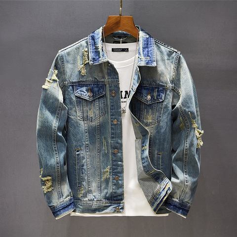 Men's Classic Retro Washed Distressed Hole Ripped Denim Jacket Men's Casual Slim Long Sleeve motorcycle jeans Jacket 5XL ► Photo 1/6