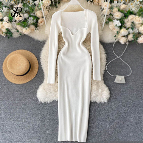 SINGRAIN Autumn Women Knitted Dress Square Collar Fashion Korean Elastic Slim Vestidos Winter Knit Chic Bodycon Sweater Dress ► Photo 1/6