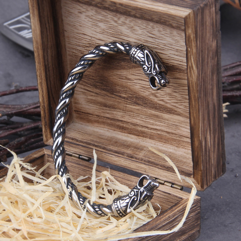 Stainless Steel Nordic Viking Norse Dragon Bracelet Men Wristband Cuff Bracelets with Viking Wooden Box ► Photo 1/6