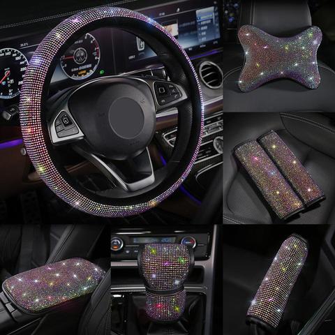 Shining Rhinestones Crystal Car Steering Wheel Cover Gear Shift Cover PU Leather Steering-wheel covers Auto Accessories Case ► Photo 1/6