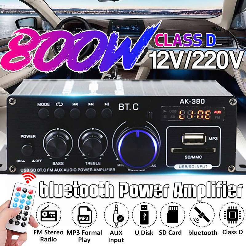 AK380/AK370/AK170 400W*2 2 Channel bluetooth HiFi Power Amplifier Home Car Audio Class D Remote Control FM Radio AUX USB/SD ► Photo 1/6