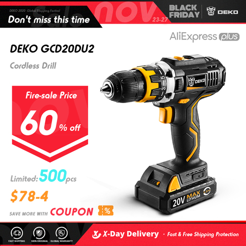 DEKO GCD20DU2 20V MAX Li-ion Battery Power Tool Variable Speed Electric Screwdriver with LED Light Cordless Drill Standard Set ► Photo 1/6