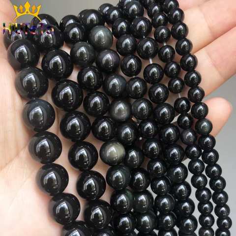 Natural Stone Beads Smooth Black Obsidian Round Loose Beads For Jewelry Making DIY Bracelet Charms Accessories 15