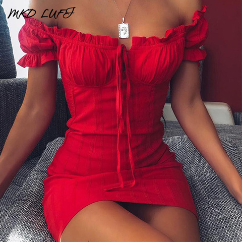 Sexy Off Shoulder Smocked Bodycon Dress Women Strapless Ruffles Mini Red Dresses Ladies Short Party Club Dress Vestidos ► Photo 1/3