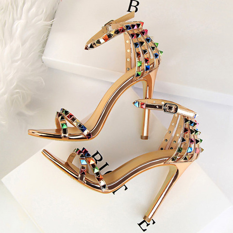 2022 Women 11cm High Heels Rivets Studded Sandals Lady Sandles Stiletto Gladiator Pumps Stripper Summer Fetish Platform Shoes ► Photo 1/6