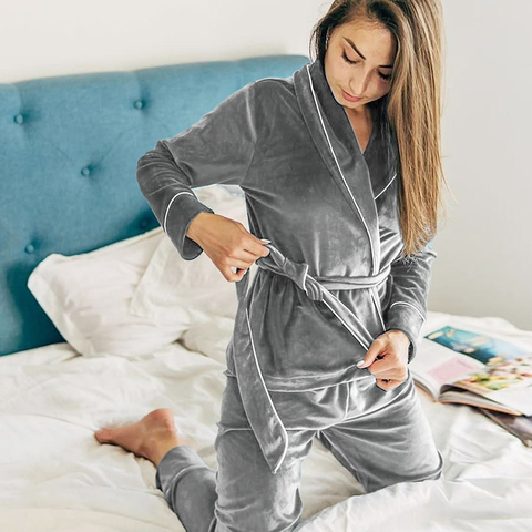 HiLoc Warm Velvet Sleepwear Solid Robes And Pants Home Suit Pocket Long Sleeve Home Clothes For Women Pajama Woman Winter 2022 ► Photo 1/6