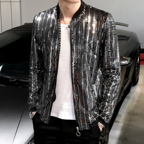 2022New Sequined Bomber Jacket Men Shiny Sequins Long Sleeve