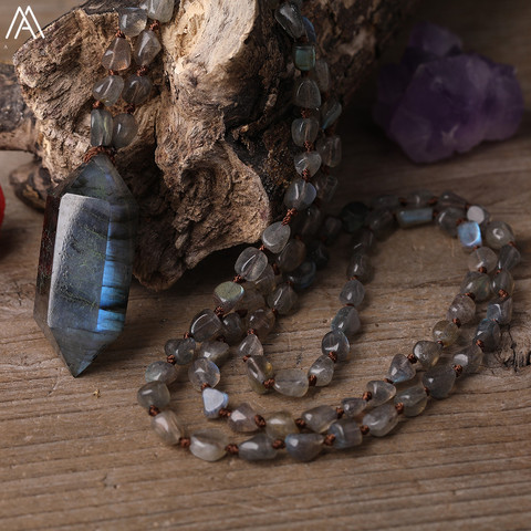 Natural Labradorite Stone Double Point Pendant Labradorite Stone Irregular Chip Beads Cord Knotted Mala Yoga Necklace Jewelry ► Photo 1/5