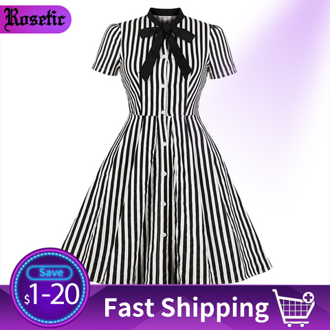 Rosetic Vintage Stripe Midi Dress Women Summer 50s Bow Collar Elegant Office Casual Stylish Goth Ladies Retro Rockabilly Dresses ► Photo 1/6