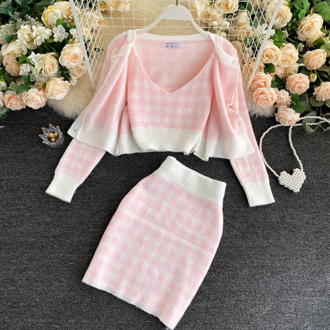 Korean Sweet Knit Plaid Cardigans + Camisole + Skirts 3pcs Sets Girls Short Sweater Coat + Vest + Mini Skirt Suits Women Outfits ► Photo 1/6