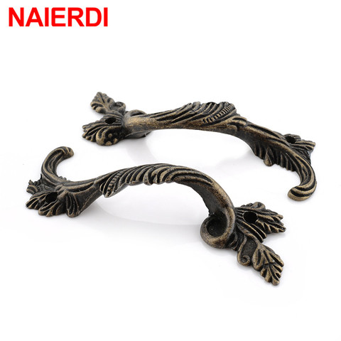 NAIERDI 2PCS Antique Furniture Handles Leaves Striped Carved Handle Drawer Door Knobs Jewelry Box Bronze Cabinet Pulls Cupboard ► Photo 1/6