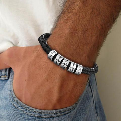 Personalized Name Bracelet Custom Bead Stainless Steel Clasp Multilayer Black Leather Wristband Man 2022 Customized Jewelry Gift ► Photo 1/6