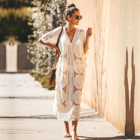 2022 Kaftan Beach Pareo Beachwear Swim suit Cover up Playa Pareo Tunics for Beach Tunic Swimwear Women Lace Beach Dress #Q880 ► Photo 1/6