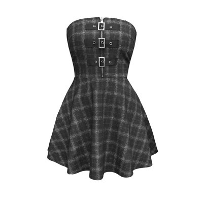 Ruibbit New Autumn Winter Women gray Plaid Pleated Dress Backless Rock Punk Dress Gothic Girls Female Short Dresses ► Photo 1/5