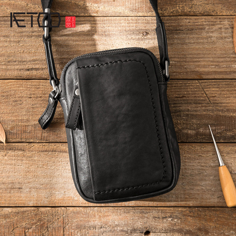 AETOO Leather men's mini bag, head leather hand-made slant bag, male trend one-shoulder bag ► Photo 1/6