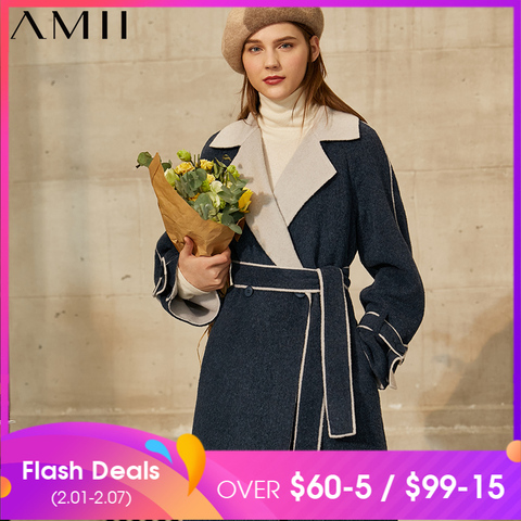 Amii Minimalism Winter Fashion Women's Jacket Causal Women's Jacket Lapel Patchwork Belt Woolen Calf-length Coat Female 12022291 ► Photo 1/5