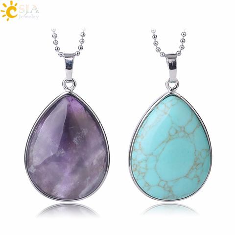 CSJA Natural Stone Pendants  Tiger Eye Pink Quartz Purple Crystal Lapis Necklace Water Drop Flat Bead Women Healing Jewelry F982 ► Photo 1/6