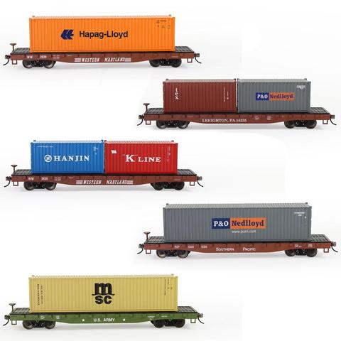 Freight Car Lot HO Scale 1:87 52ft Flat Car Flatbed Transporter Carriage with Train Shipping Container  C8741 ► Photo 1/6