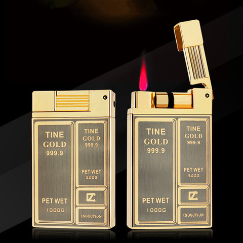 High-end Luxury Gold Brick Metal Lighter Jet Torch Turbo Grinding Wheel Butane Gas Lighters Flint Inflated Gasoline Oil Lighter ► Photo 1/6