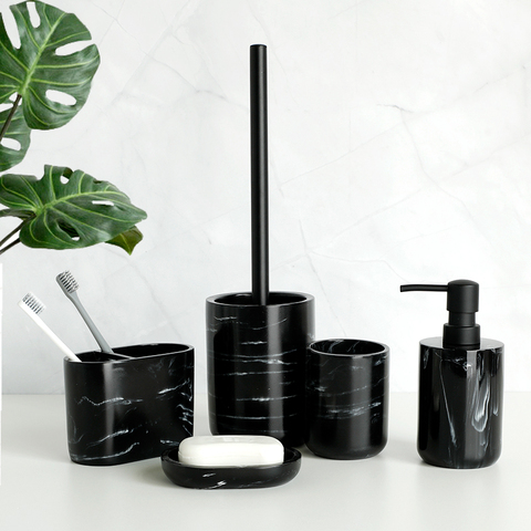 Five-piece Set Nordic Marble Texture Resin Bathroom Accessory Set Toothbrush Holder Toilet Brush Soap Dispenser Pump Bottle ► Photo 1/6