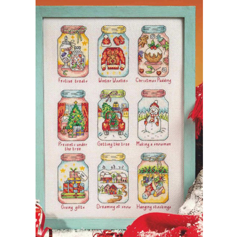 Counted Cross Stitch Kit Christmas Jars Nine Jar Bottles Tradition Festive Treats Pudding Tree Snowman Gifts Snow Stocking ► Photo 1/4