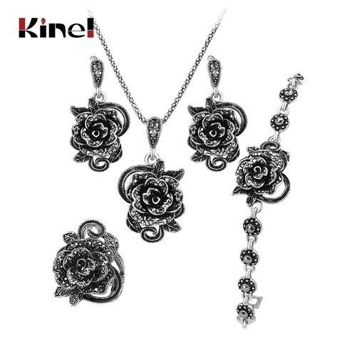 Kinel Hot Grey Crystal Roses Jewelry Set For Women Tibetan Silver Ring Necklace Earrings Bracelet Vintage Wedding Jewelry Sets ► Photo 1/6