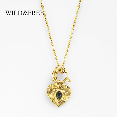 Wild&Free Women Lovely Heart Pendant Necklace Vintage Stainless Steel Gold Beads Chain Circle Charms Natural Stone Necklaces ► Photo 1/5