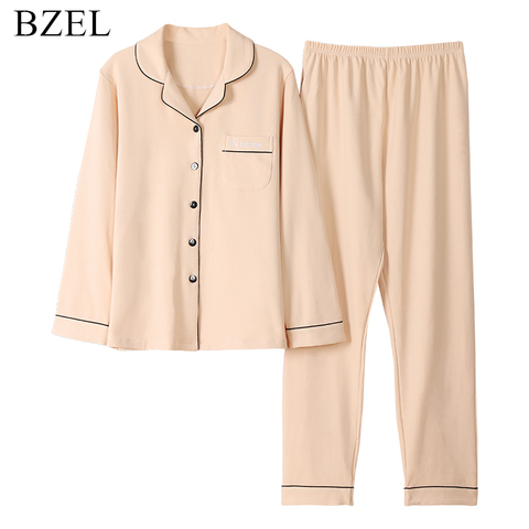 BZEL New Autumn Pajama Set For Women Cotton Sleepwear Loose Comfortable Home Clothes Simple Elegant Night Suit Large Size Pijama ► Photo 1/6