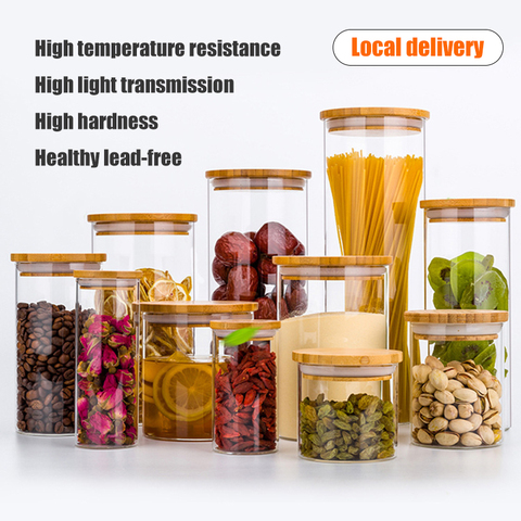 Kitchen Food Storage Transparent Glass Jars with Bamboo Cover Sealed Cans Bottles Spice Jars Candy Box Kitchen Storage Can ► Photo 1/4