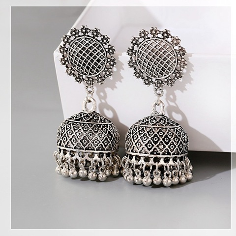 Retro Bollywood Oxidized Earrings Womens Ethnic Flower Silver Plated Afghan Bell Tassel Jhumka Indian Earrings Wedding Jewelry ► Photo 1/6