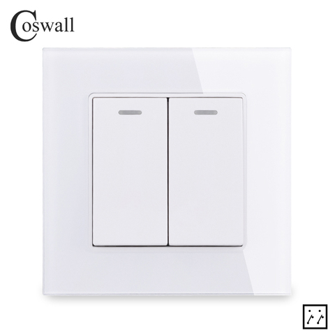 Coswall Tempered Crystal Glass Panel 2 Gang 3 Way Intermediate Switch Crossover Switch On / Off Wall Light Switch 16A C1 Series ► Photo 1/5
