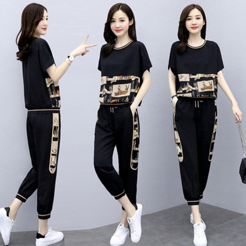 Summer Large Size Women Sets 2022 Fashion Casual Female Sportswear Suit Printed Short Sleeve Tshirts+ Pants Two-piece Set W2057 ► Photo 1/6