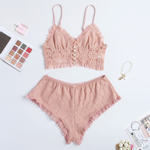 Lace Pajamas Set Ruffle Cami Crop Top With Shorts Sexy Lingerie Set Casual Loungewear Hot Nightwear ► Photo 1/6