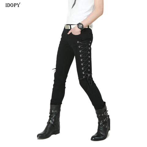 Idopy Fashion Slim Fit Pants Steampunk Black Patchwork Leather Lace Up Dance Night Club Gothic Button Jeans Trouser For Men ► Photo 1/6