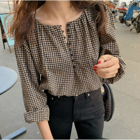 Women Spring Long Sleeve Round Collar Small Plaid Blouse with Buttons Casual Shirt Loose Short Tops ► Photo 1/6