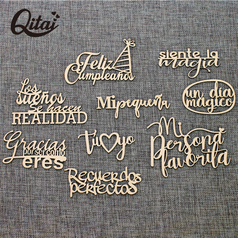 QITAI 9PCS/BOX 9 Model laser cut wooden Spanish Words love Gift Baby New Born unpainted Wooden Words Set Decoration album  WF319 ► Photo 1/6