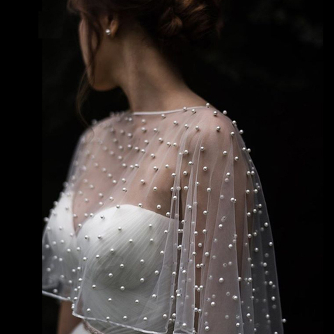 2022 MYYBLE Wedding Accessories Bolero Bridal Cloak Pearls Wedding Cape short front long back Women Wrap Cape Evening Wrap Shawl ► Photo 1/6